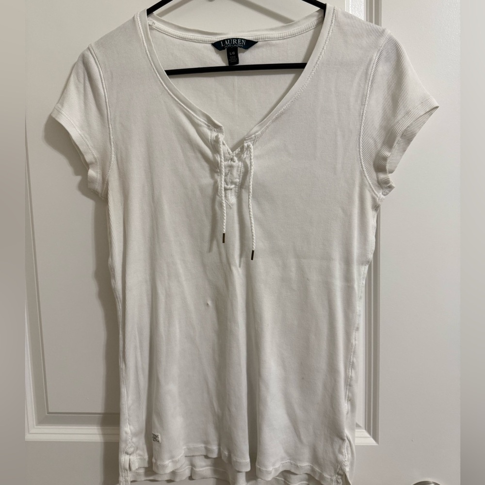 NWOT Lauren Ralph Lauren White Lace-Up Short Sleeve Tee